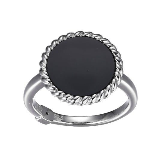 SS ELLE "NAUTICAL" RHODIUM PLATED GENUINE 12MM ROUND BLACK AGATE WITH ROPE TRIM RING SIZE 6 - Robson's Jewelers