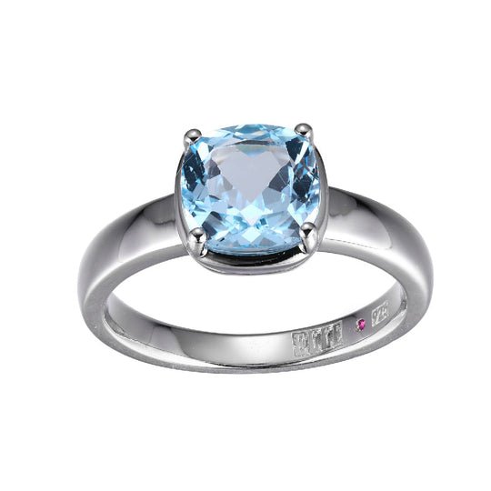 SS ELLE "MARBLE" RHODIUM PLATED 8MM GENUINE BLUE TOPAZ CUSHION CUT SOLITAIRE RING SIZE 6 - Robson's Jewelers