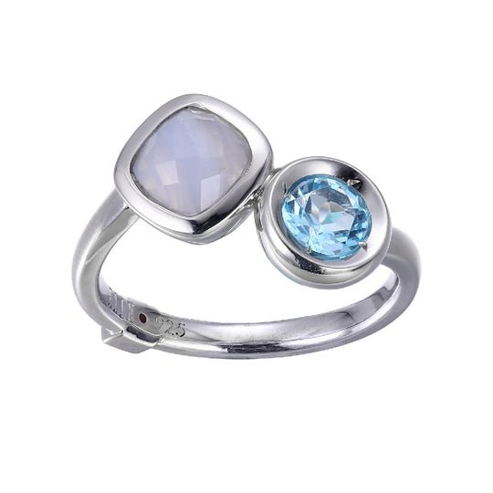 (XWWELLE)SS RHOD PLTD RING G BLUE LACE AGATE(A4) (F-C)CUSHION 6MM & G BLUE TOPAZ(#3-#6)B RD 5MM #6 - Robson's Jewelers